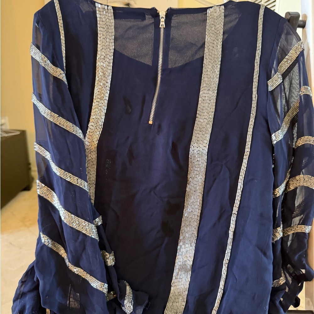 Alice + Olivia Navy Blouse with Gold Beaded Stripes. Size Medium - Picture 6 of 6